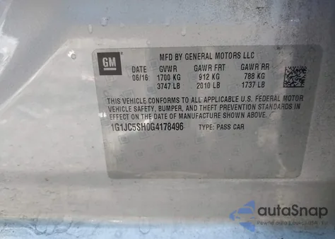 2016 Chevrolet Sonic Lt Auto из США, поврежденный, VIN 1G1JC5SH0G4178496